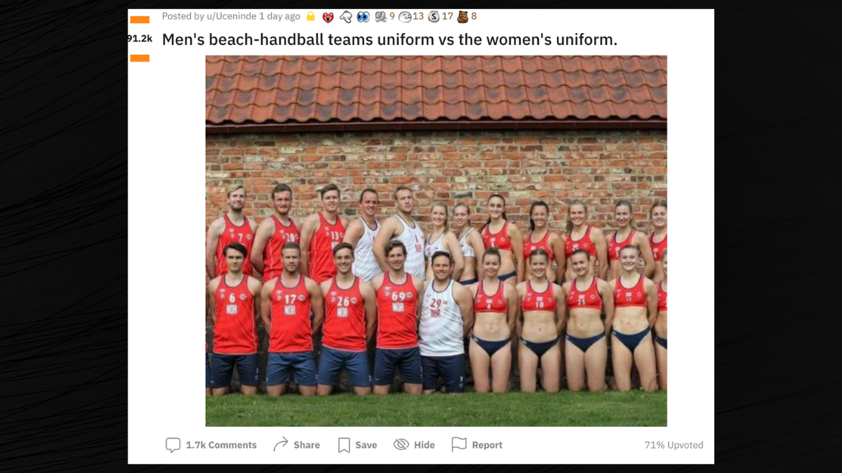 The claim is that a photograph shared widely in July 2021 accurately and fairly represented the discrepancies in men's and women's beach handball uniform requirements.