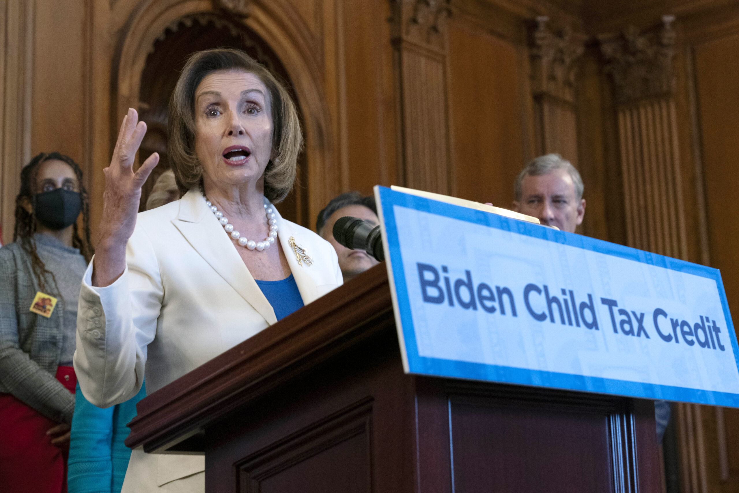 Speaker of the House Nancy Pelosi, D-Calif., speaks during Biden Child Tax Credit news conference, on Capitol Hill in Washington, Tuesday, July 20, 2021. (AP Photo/Jose Luis Magana)
