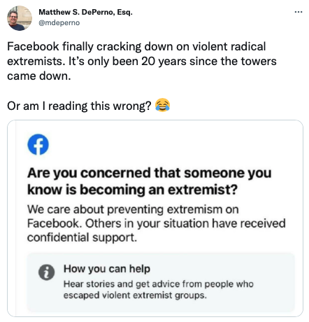 Facebook started warning some users they may have seen harmful extremist content and asking some users whether they were worried about friends becoming extremists.
