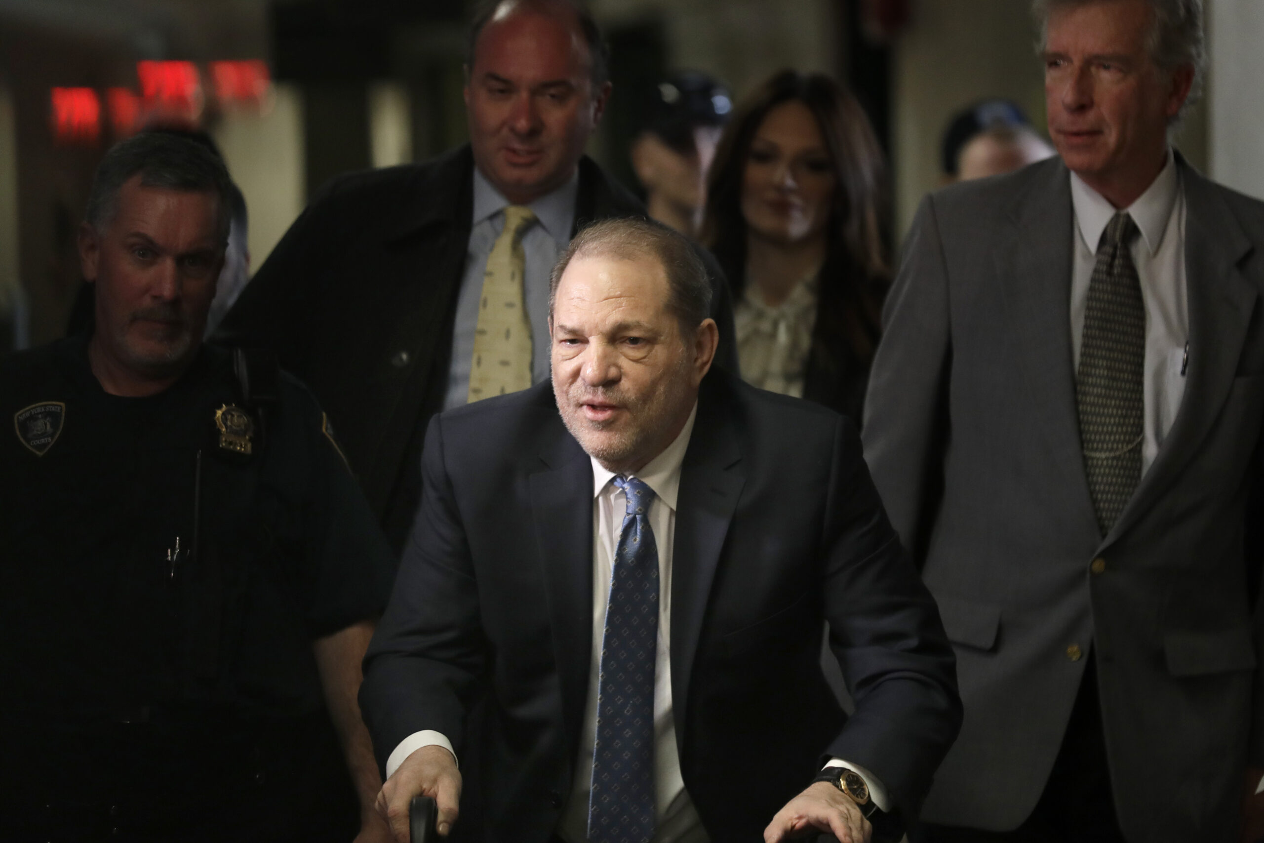 FILE - In this Feb. 24, 2020 file photo, Harvey Weinstein arrives at a Manhattan courthouse for jury deliberations in his rape trial in New York. New York prison officials have handed over Weinstein for transport to California to face sexual assault charges. The New York State Department of Corrections and Community Supervision says the transfer happened about 9:25 a.m. Tuesday, July 20, 2021. (AP Photo/Seth Wenig, File)
