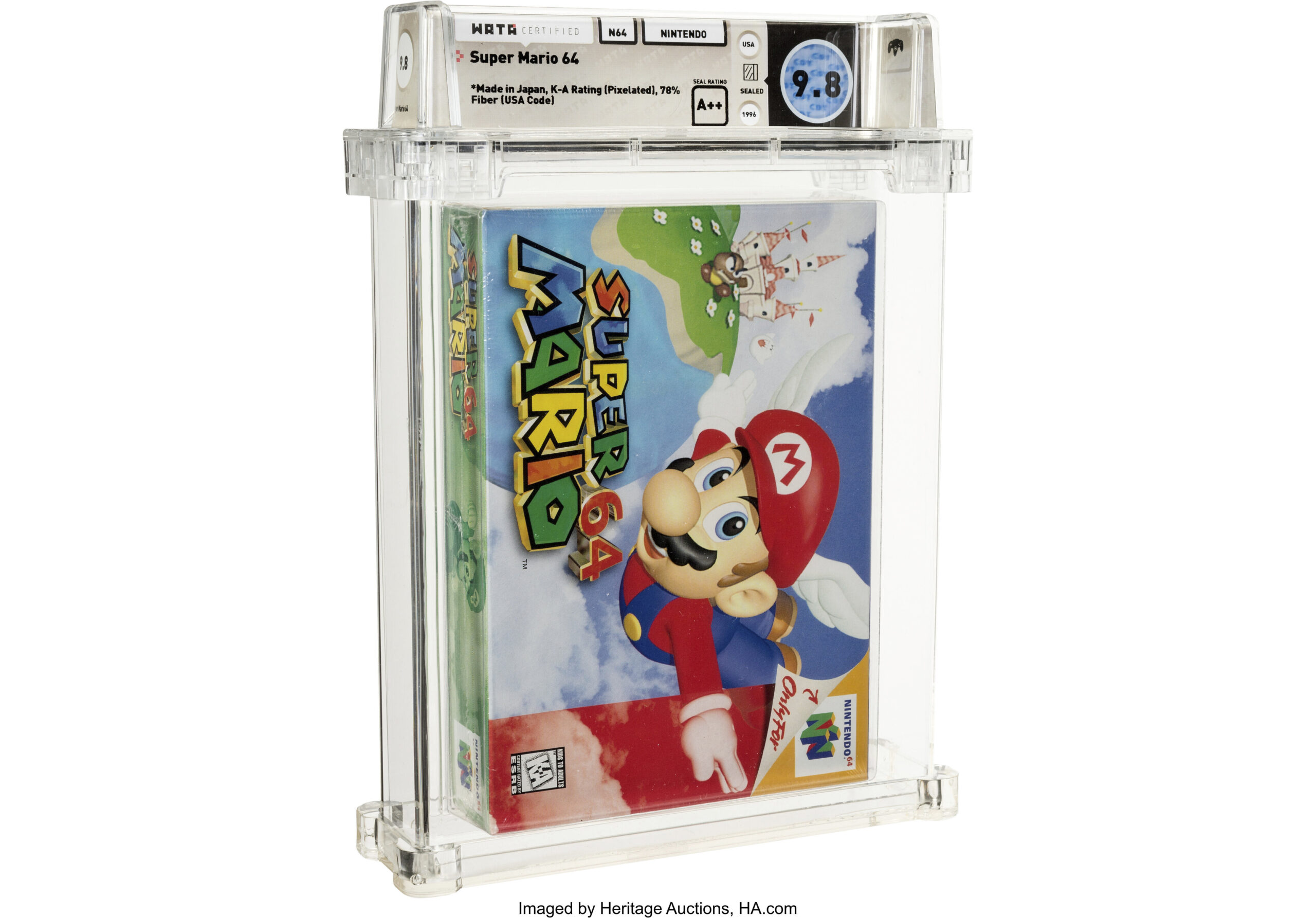 This photo provided by Heritage Auctions shows an unopened copy of Nintendo’s Super Mario 64 that has sold at auction for $1.56 million. Heritage Auctions in Dallas said that the 1996 video game sold Sunday, July 11, 2021, breaking its previous record price for the sale of a single video game. (Courtesy of Heritage Auctions via AP)