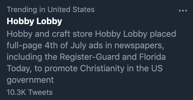 Hobby Lobby placed a full-page newspaper ad for One Nation Under God that promoted Christian ideals.