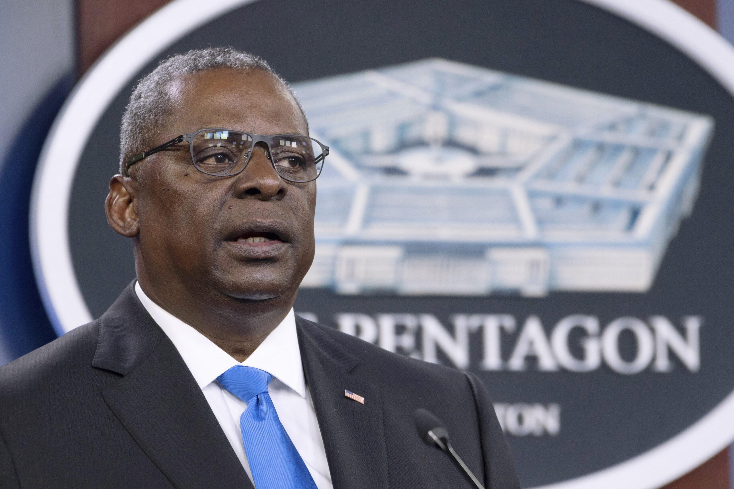 FILE - In this July 21, 2021 file photo, Defense Secretary Lloyd Austin speaks at a press briefing at the Pentagon in Washington. Austin has said he is working expeditiously to make the COVID-19 vaccine mandatory for military personnel and is expected to ask Biden to waive a federal law that requires individuals be given a choice if the vaccine is not fully licensed. (AP Photo/Kevin Wolf, File)