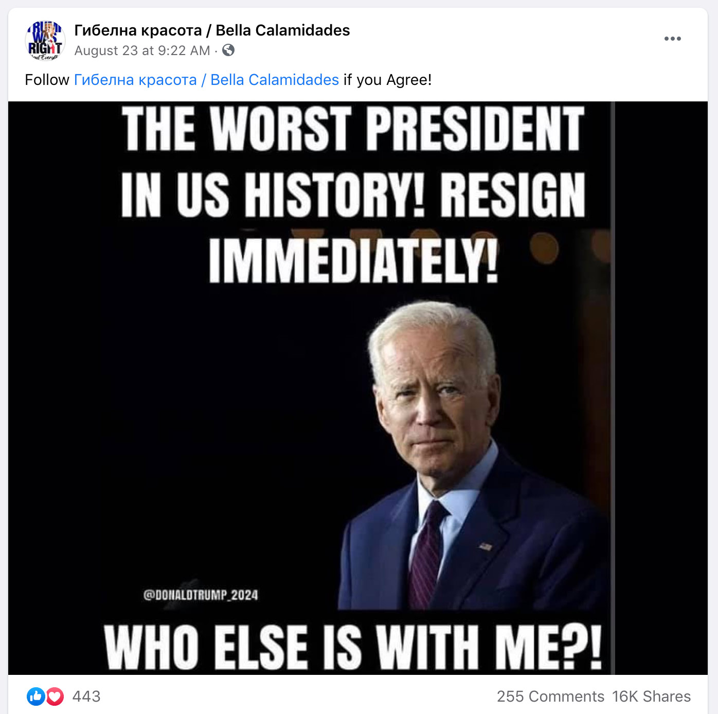 A Facebook page with a Russian name and Bella Calamidades pushed pro-Trump videos from Fox News OAN and Newsmax with altered thumbnails to mislead viewers with the idea that President Joe Biden and House Speaker Nancy Pelosi were going to jail.