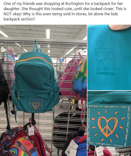 I Want More Sex' Desigual Backpack. burlington book bags. 