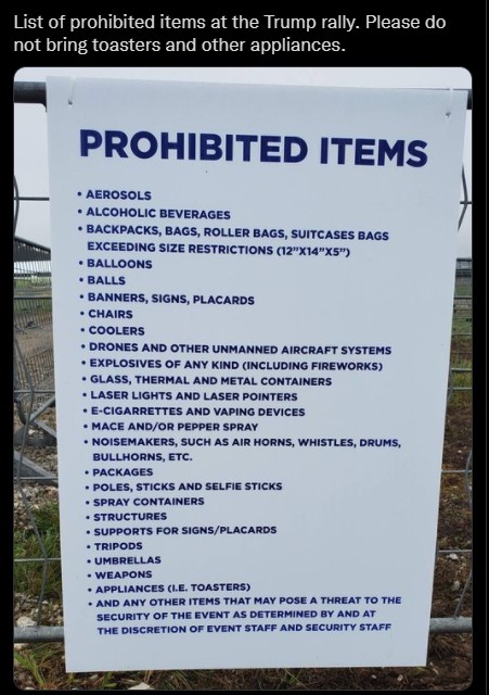 prohibited items at a Trump rally