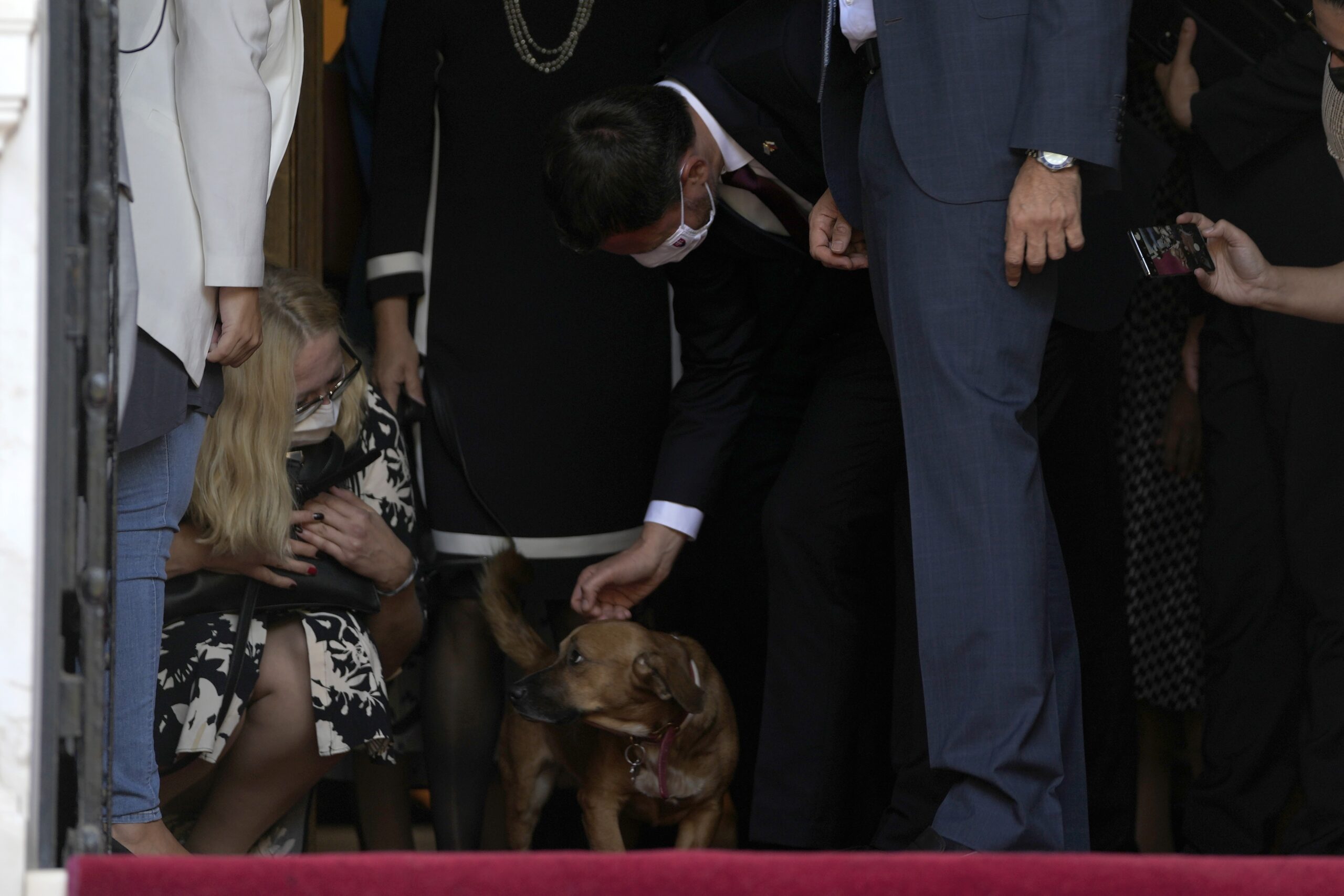 Slovakia's Prime Minister Eduard Heger pats Peanut the dog of his Greek counterpart Kyriakos Mitsotakis as they leave Maximos Mansion in Athens, Thursday, Sept. 30, 2021 (AP Photo/Thanassis Stavrakis)