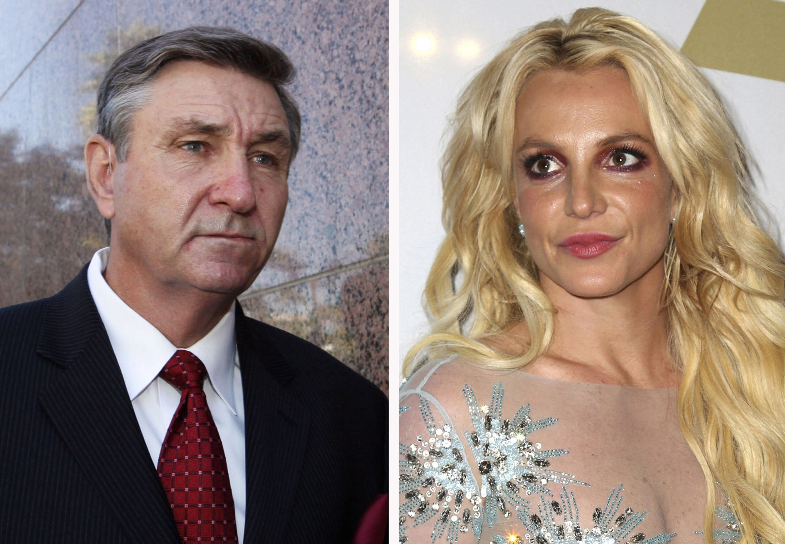FILE - This combination photo shows Jamie Spears, left, father of Britney Spears, as he leaves the Stanley Mosk Courthouse on Oct. 24, 2012, in Los Angeles and Britney Spears at the Clive Davis and The Recording Academy Pre-Grammy Gala on Feb. 11, 2017, in Beverly Hills, Calif. Britney Spears' father has filed to end the court conservatorship that has controlled the singer's life and money for 13 years. James Spears filed his petition to end the conservatorship in Los Angeles Superior Court on Tuesday, Sept. 7, 2021. (AP Photo/File)