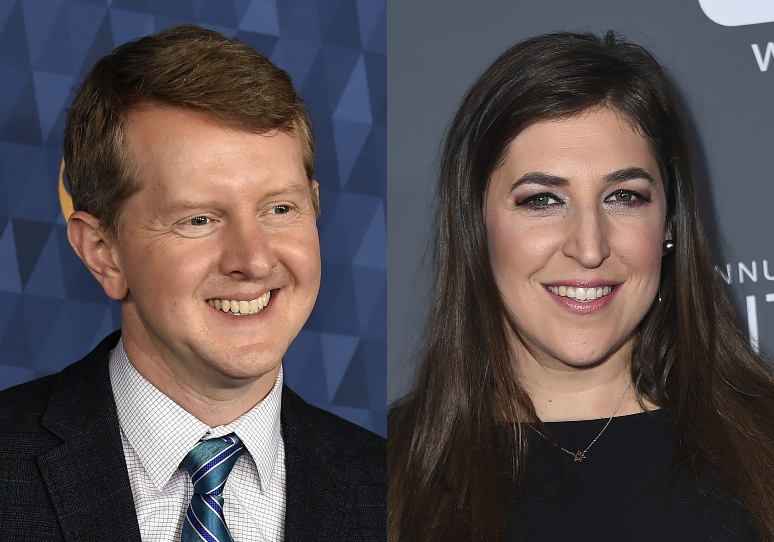 Ken Jennings appears at the 2020 ABC Television Critics Association Winter Press Tour in Pasadena, Calif., on Jan. 8, 2020, left, and actress Mayim Bialik appears at the 23rd annual Critics' Choice Awards in Santa Monica, Calif., on Jan. 11, 2018. Jennings and Bialik will split “Jeopardy!” hosting duties for the remainder of the game show’s 38th season. (AP Photo)