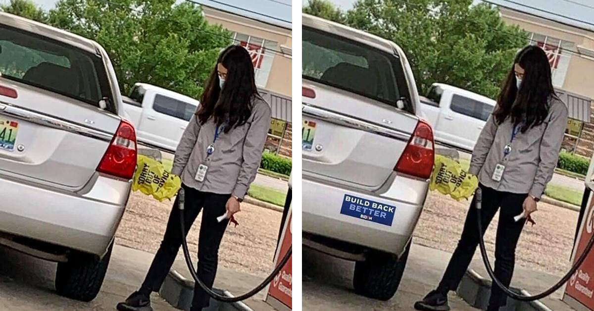 A woman pumping gas at a Circle K near a Walgreens was seen attempting to fill her tank while a yellow bag labeled sorry out of service covered the handle and a Build Back Better Biden bumper sticker appeared to be affixed to the car.