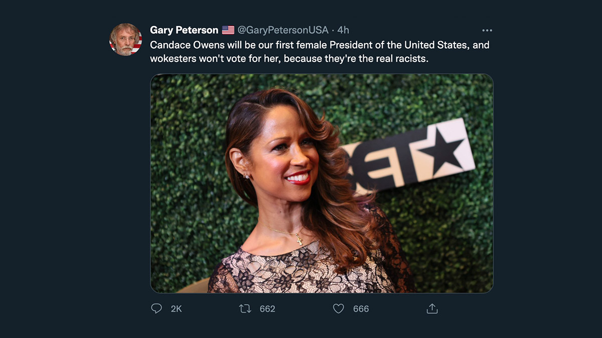 The Gary Peterson account GaryPetersonUSA purposely made a parody account joke with a tweet about Candace Owens with a photo of Stacey Dash.