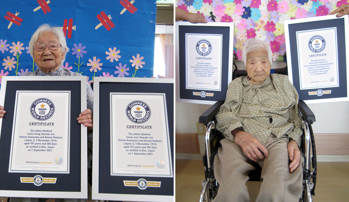 This combination of two undated photos released by Guinness World Records on Tuesday, Sept. 21, 2021, show sisters Umeno Sumiyama, left, and Koume Kodama at separate nursing homes in Shodoshima island, left, and Oita prefecture, Japan. The two Japanese twin sisters have been certified by Guinness World Records as the world's oldest living identical twins, aged 107 years and 300 days as of Sept. 1, 2021, the organization said Monday, Sept. 20, 2021.