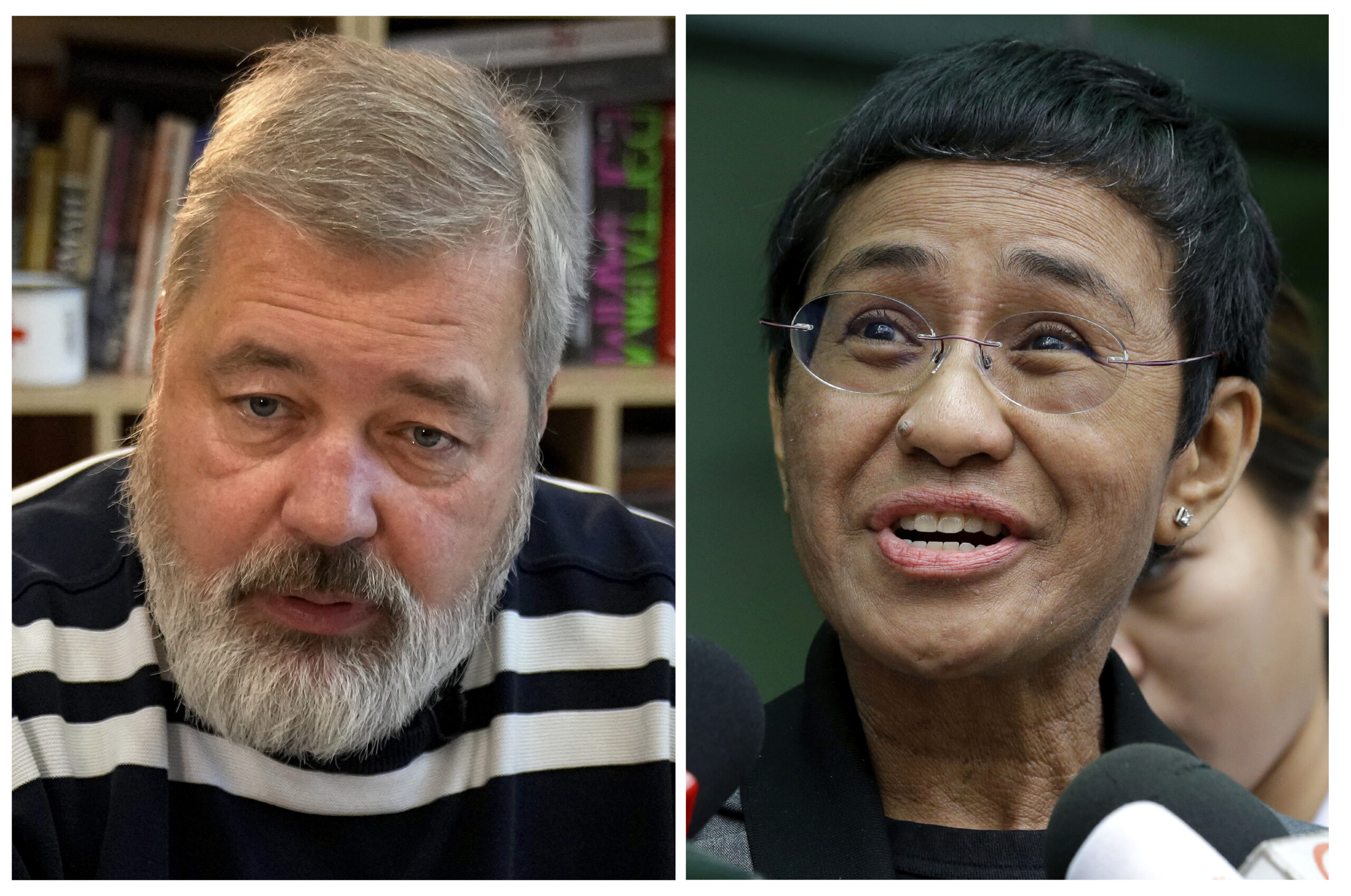 FILE - A combo of file images of Novaya Gazeta editor Dmitry Muratov, left, and of Rappler CEO and Executive Editor Maria Ressa. On Friday, Oct. 8, 2021 the Nobel Peace Prize was awarded to journalists Maria Ressa of the Philippines and Dmitry Muratov of Russia for their fight for freedom of expression. (AP Photo/Alexander Zemlianichenko and Aaron Favila, File)