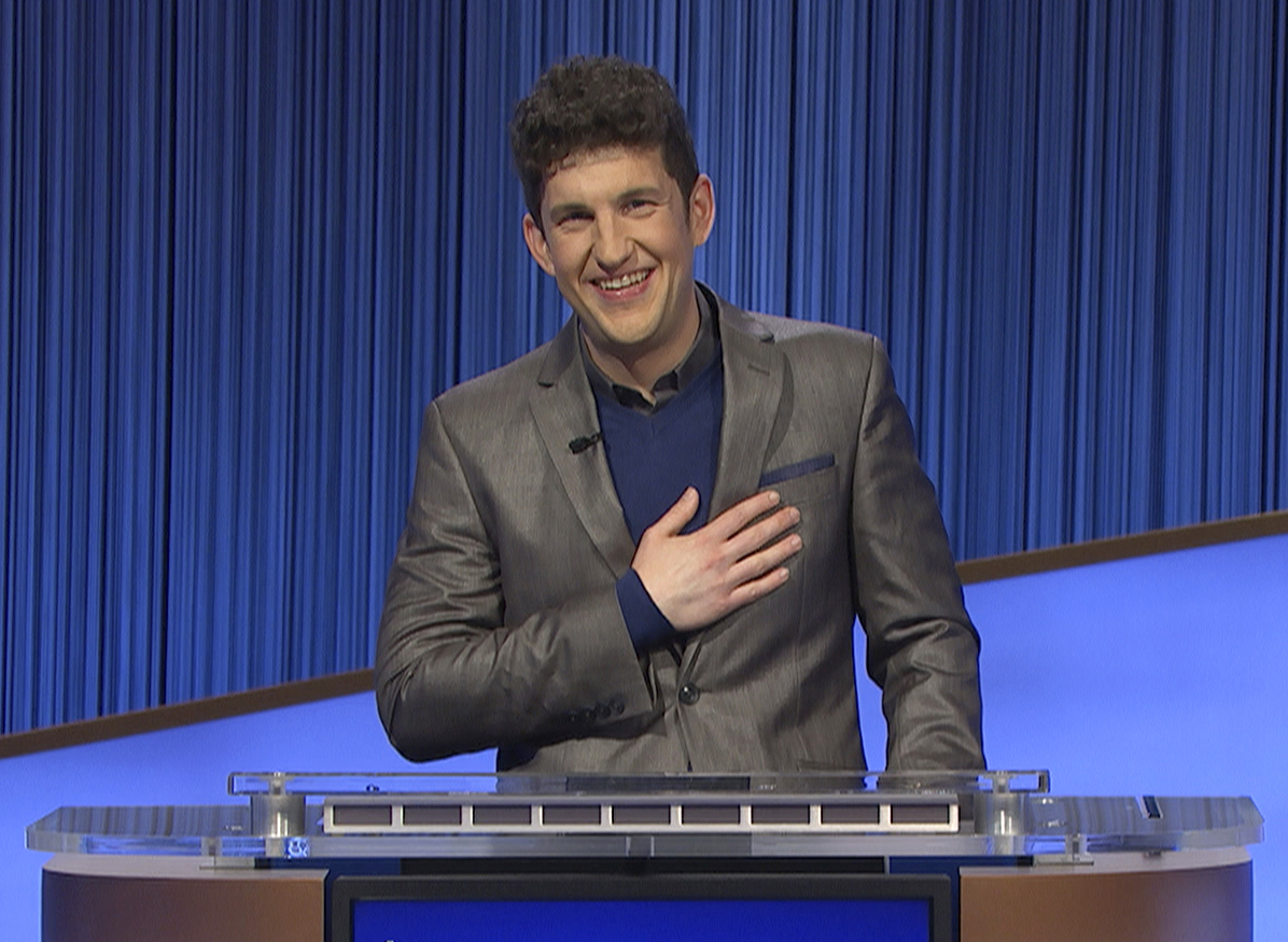 This photo provided by Jeopardy Productions Inc. shows "Jeopardy!" contestant Matt Amodio during a taping of the popular game show. Amodio’s historic run on “Jeopardy!” ended on Monday’s show, leaving the Yale doctoral student with 38 wins and more than $1.5 million in prize money. (Jeopardy Productions Inc. via AP)