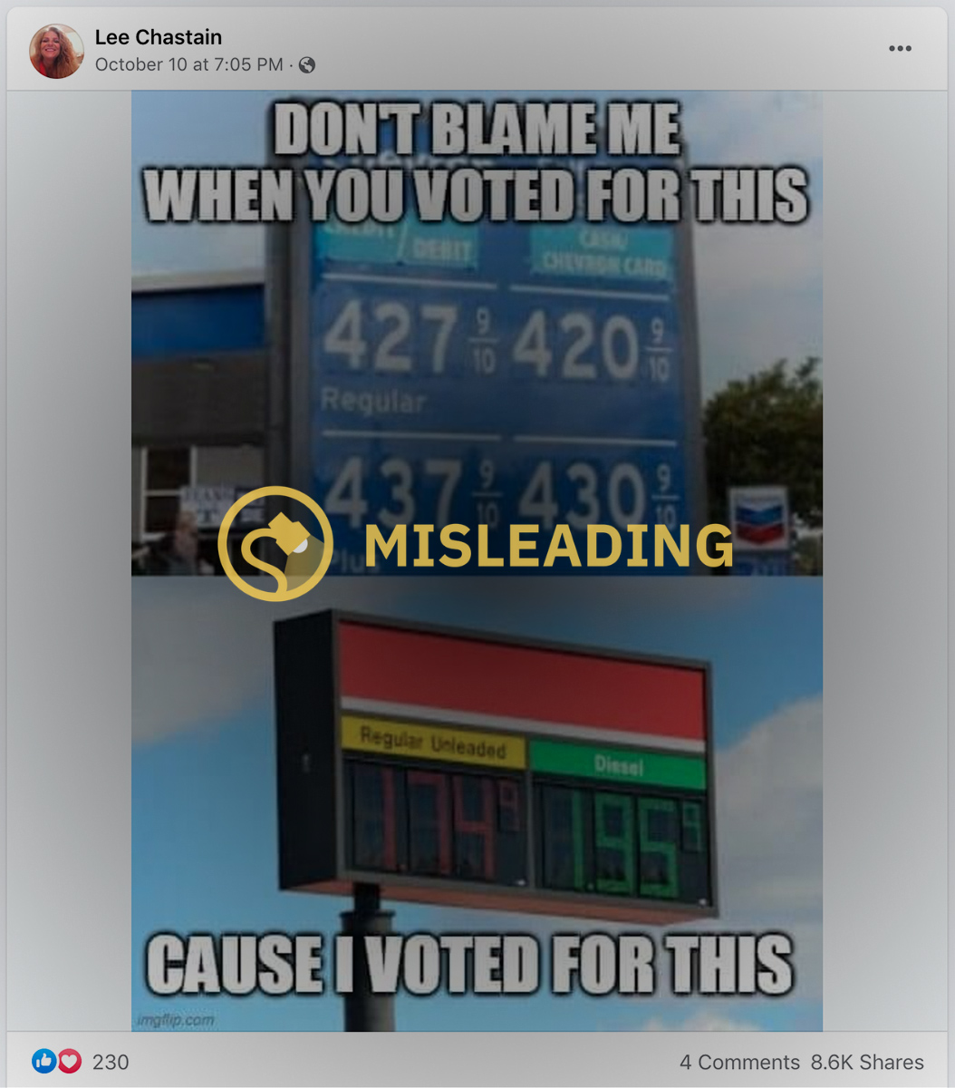 A gas prices meme said don't blame me when you voted for this cause I voted for this and tried to compare Biden and Trump but failed to do so.