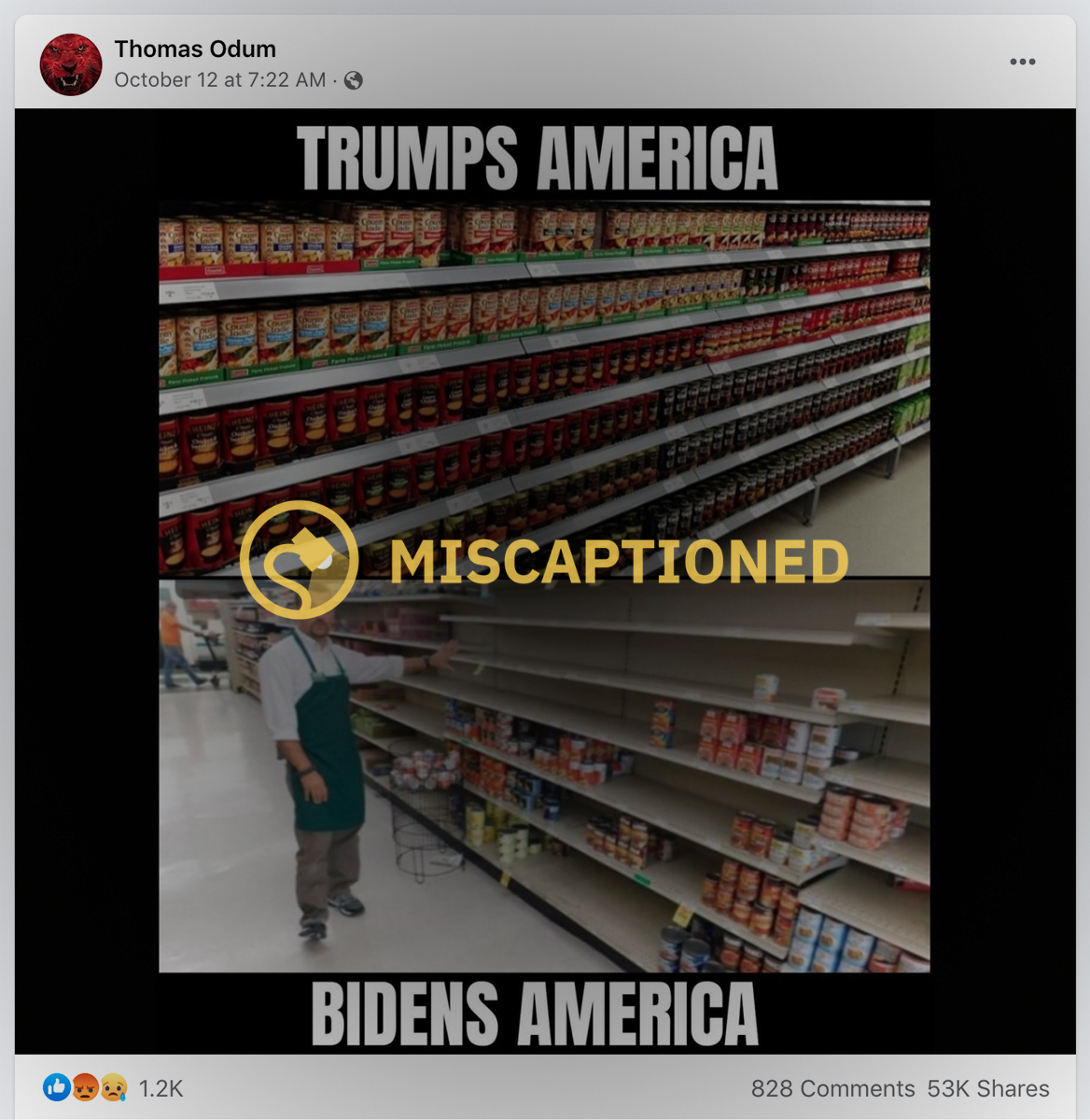 A Facebook meme claimed and mentioned Trump's America and Biden's America and showed empty and full shelves in a grocery store.