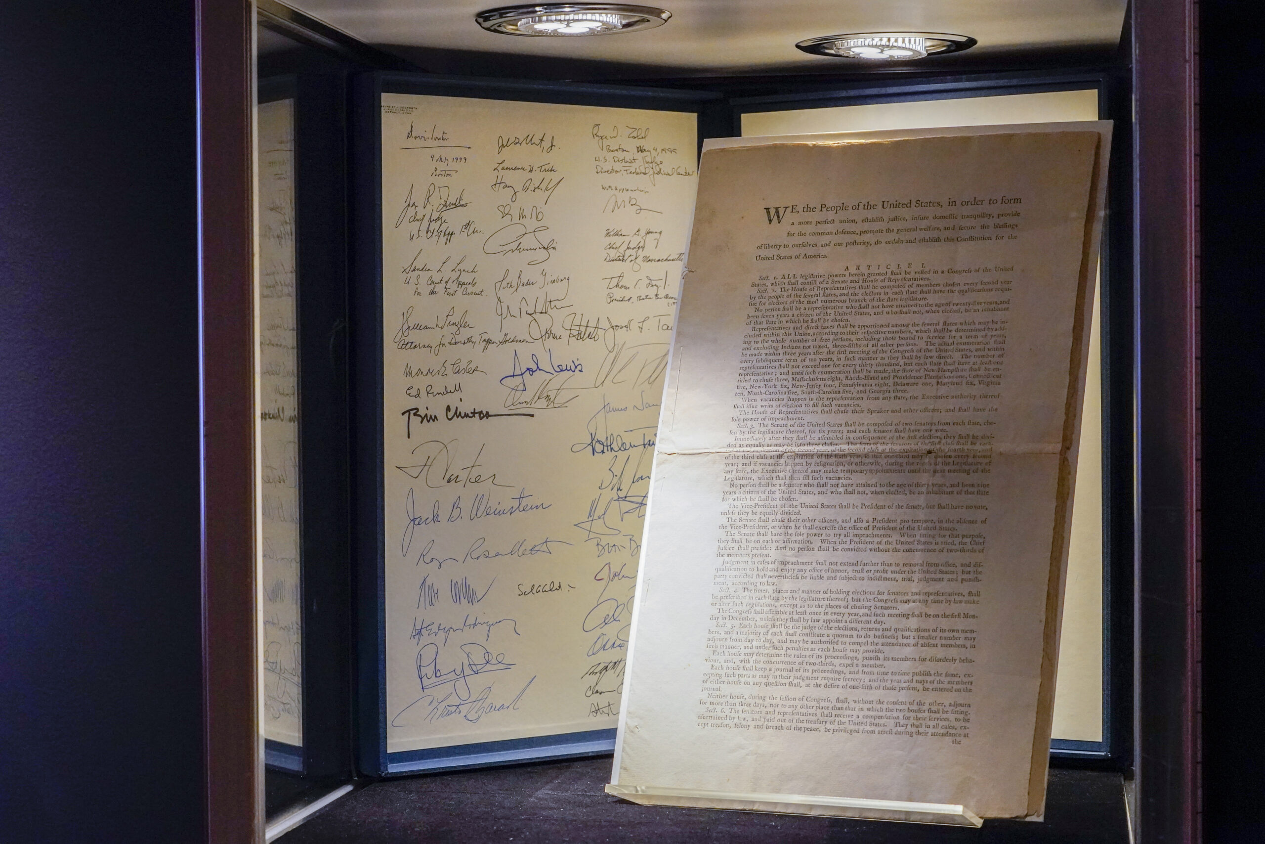 FILE - A first printing of the United States Constitution is displayed at Sotheby's auction house during a press preview on Nov. 5, 2021, in New York. The rare copy has sold Thursday, Nov. 18, for a record $43.2 million at Sotheby's to an anonymous buyer who outbid a group of crypocurrency investors. (AP Photo/Mary Altaffer, File)