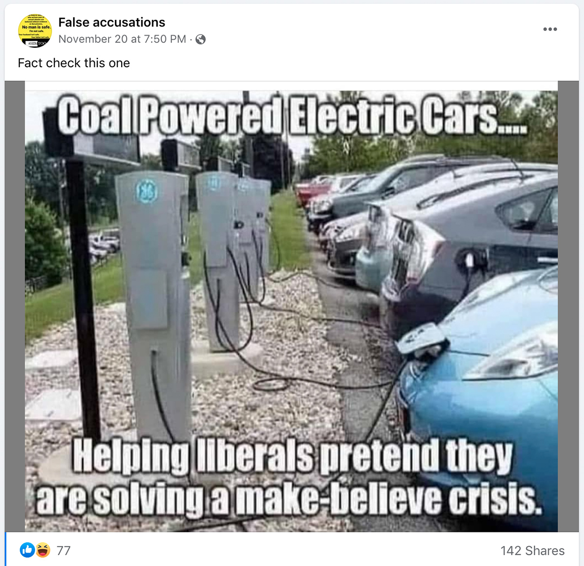 A meme did not show coal powered electric cars in a parking lot.