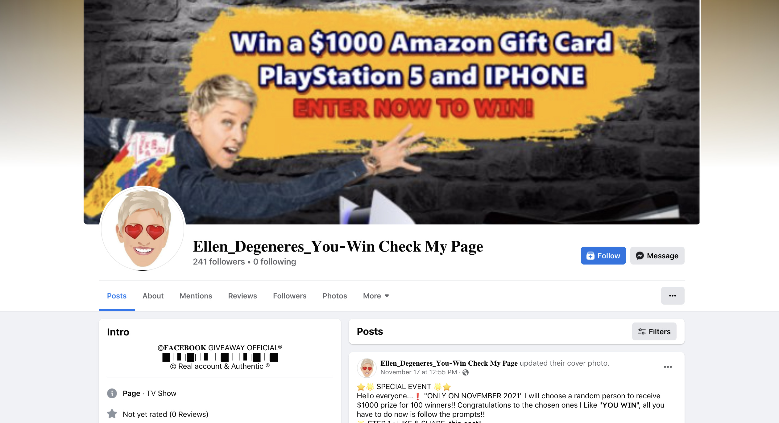 The Ellen DeGeneres Show is not giving away $1,000 Amazon gift cards or PlayStation 5 consoles or iPhone devices on Facebook.