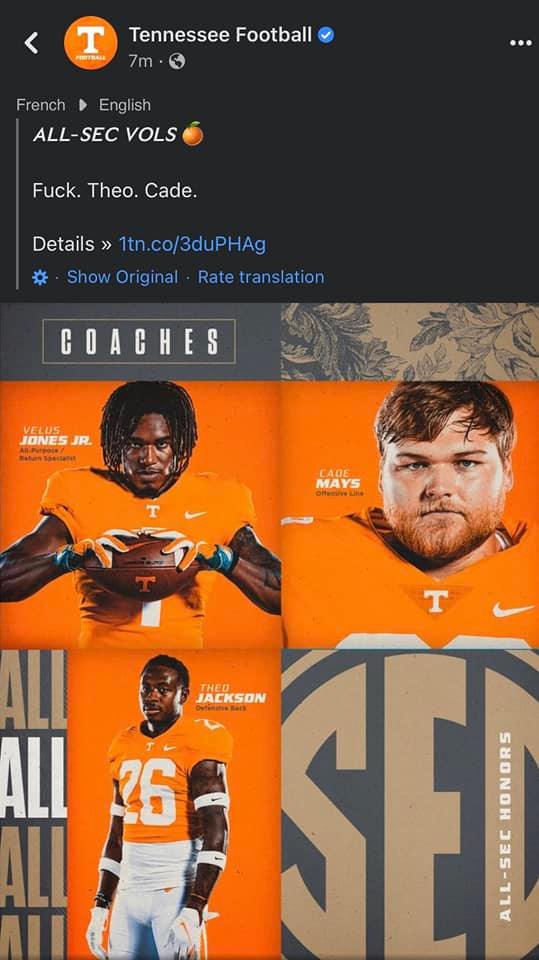 Tennessee Football on Facebook posted Fuck Theo Cade but meant to say Velus Theo Cade.