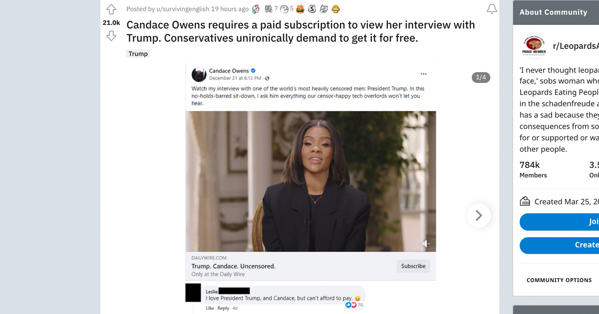 Former President Donald Trump's interview with Candace Owens for The Daily Wire is now free following complaints from social media users and a Reddit post.