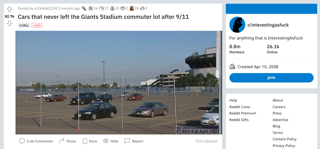 This picture was captioned as cars that never left the Giants Stadium commuter lot after 9/11.