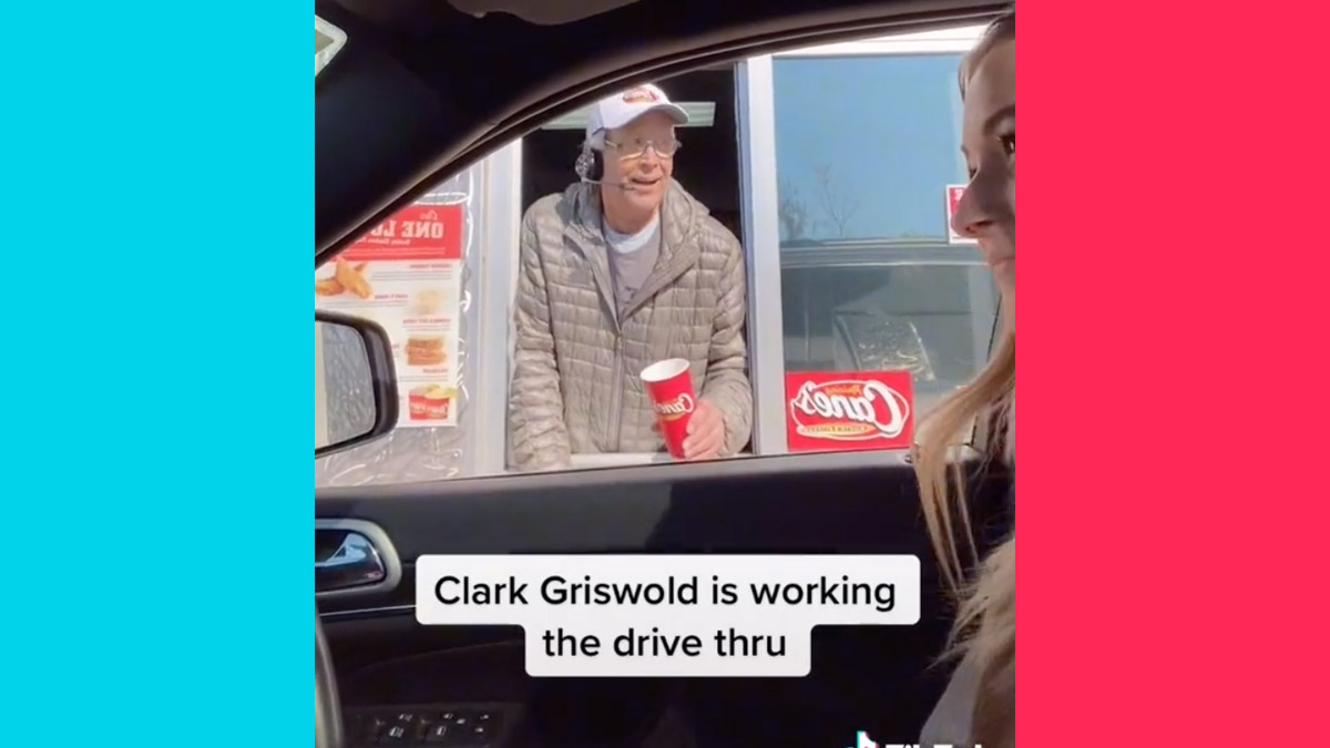 Chevy Chase worked the drive-thru at a Raising Cane's Chicken Fingers location and it appeared to be a part of the Drive-Thru Comedy video series.