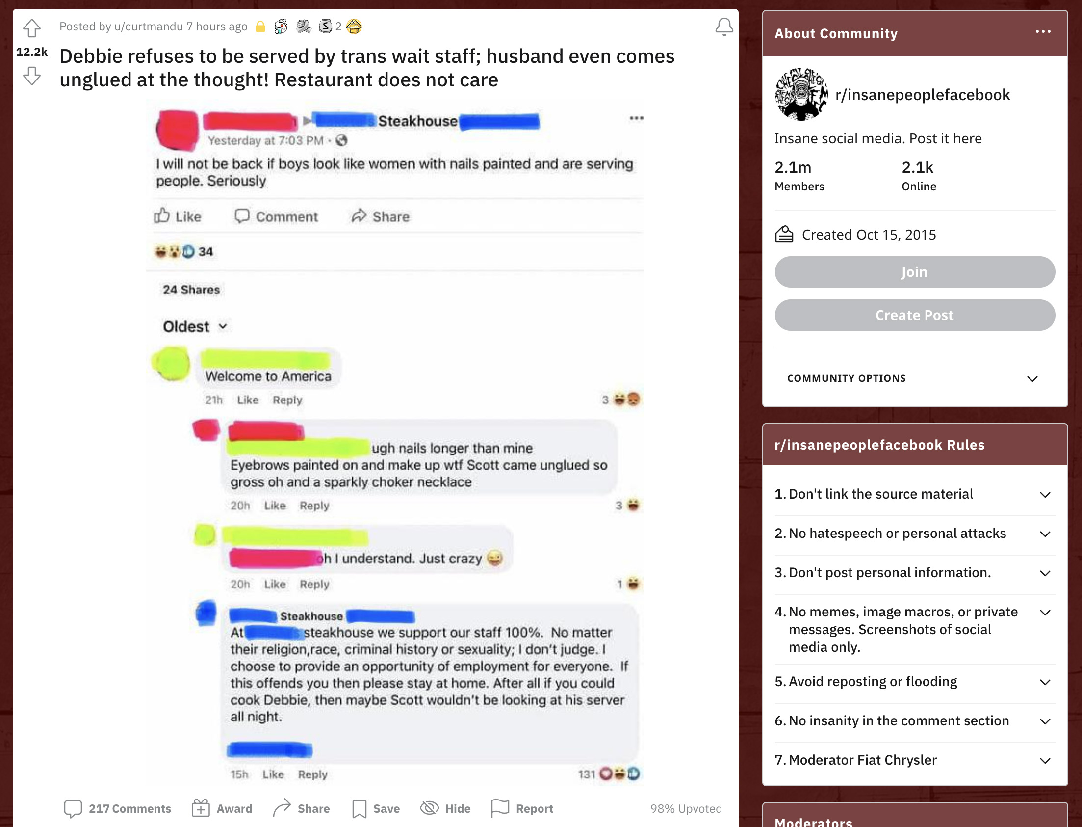 A Facebook user named Debbie purportedly refused to be served by transgender wait staff at Dakota's Steakhouse in Hereford Texas according to Reddit post.