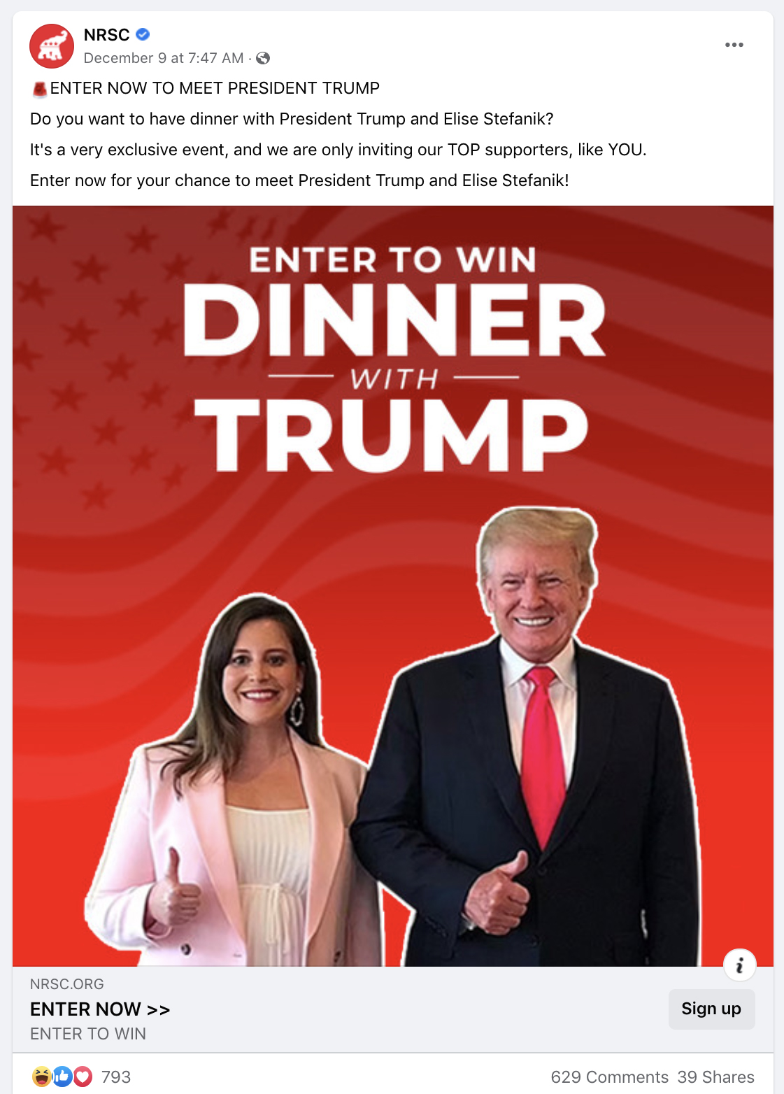 Facebook and Instagram ads from NRSC promised a dinner with Trump and Stefanik.