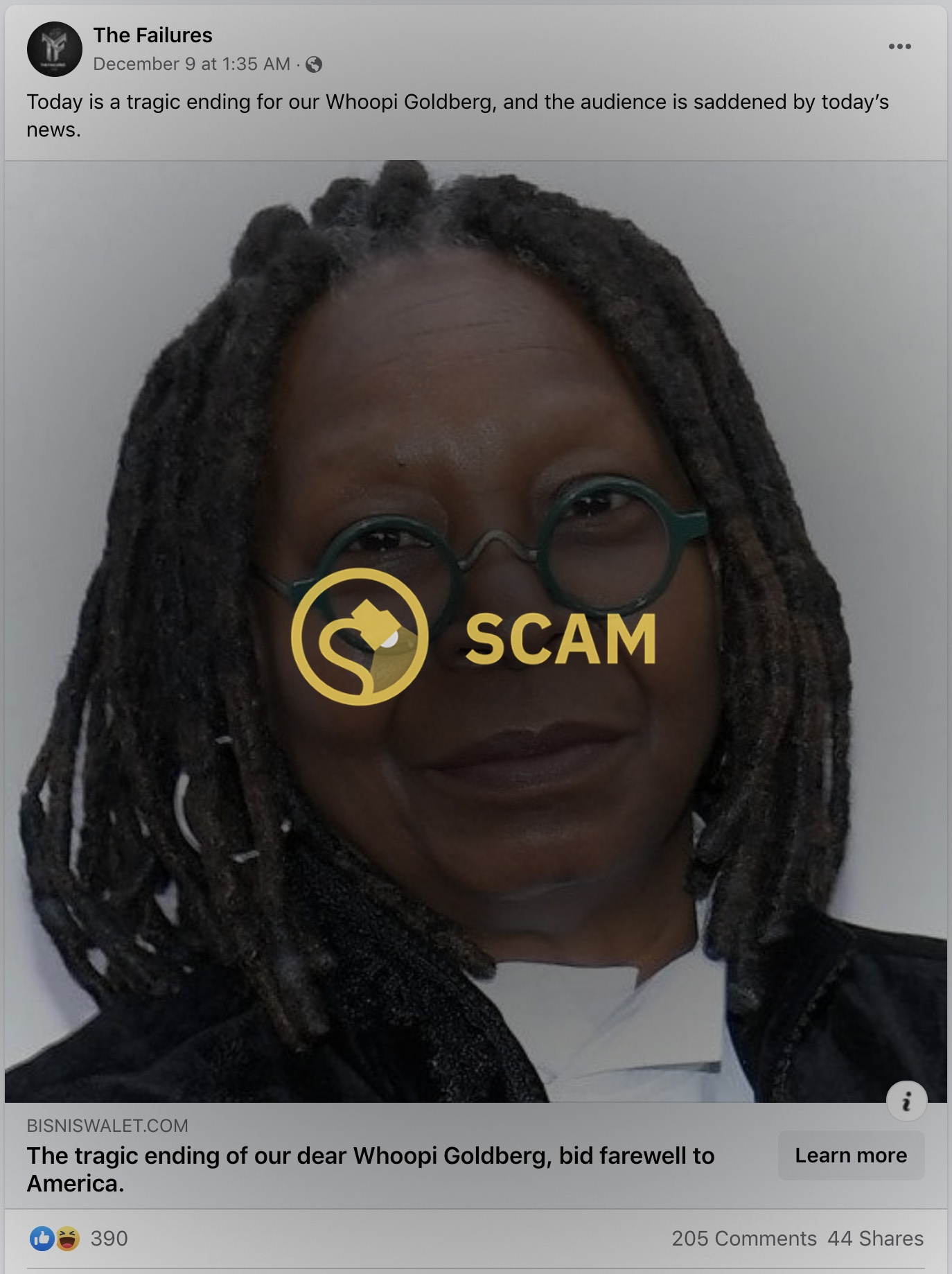 A Whoopi Goldberg death hoax was advertised on Facebook that led to a CBD product line endorsement which included Oprah Winfrey and other celebrities.