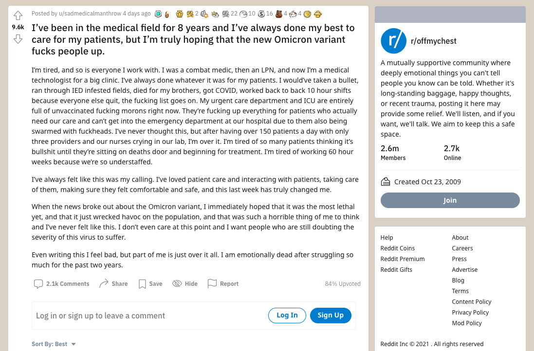A person claiming to be a medical technologist in upstate New York posted on Reddit that they hoped the new omicron variant fucks people up.