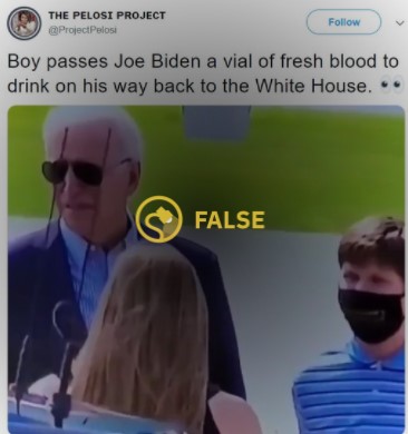 Boy passes Joe Biden a vial of fresh blood to drink on his way back to the White House.