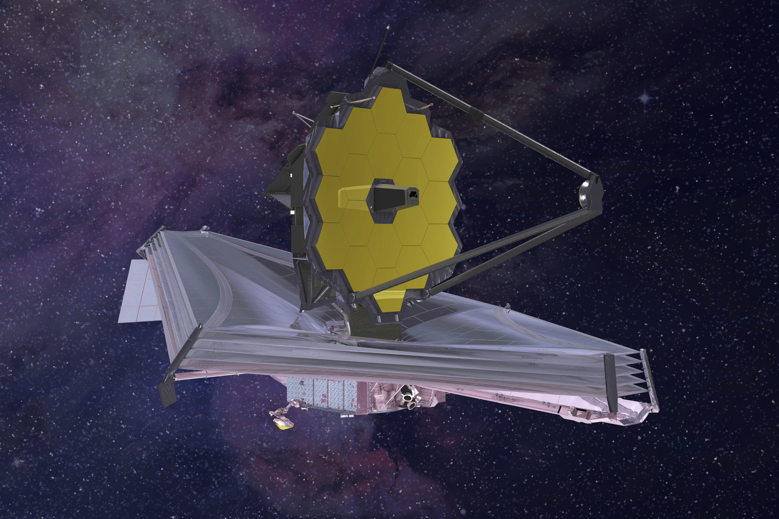 FILE - This 2015 artist's rendering provided by Northrop Grumman via NASA shows the James Webb Space Telescope. On Monday, Jan. 24, 2022, the world’s biggest and most powerful space telescope reached its final destination 1 million miles away, one month after launching on a quest to behold the dawn of the universe. (Northrop Grumman/NASA via AP)