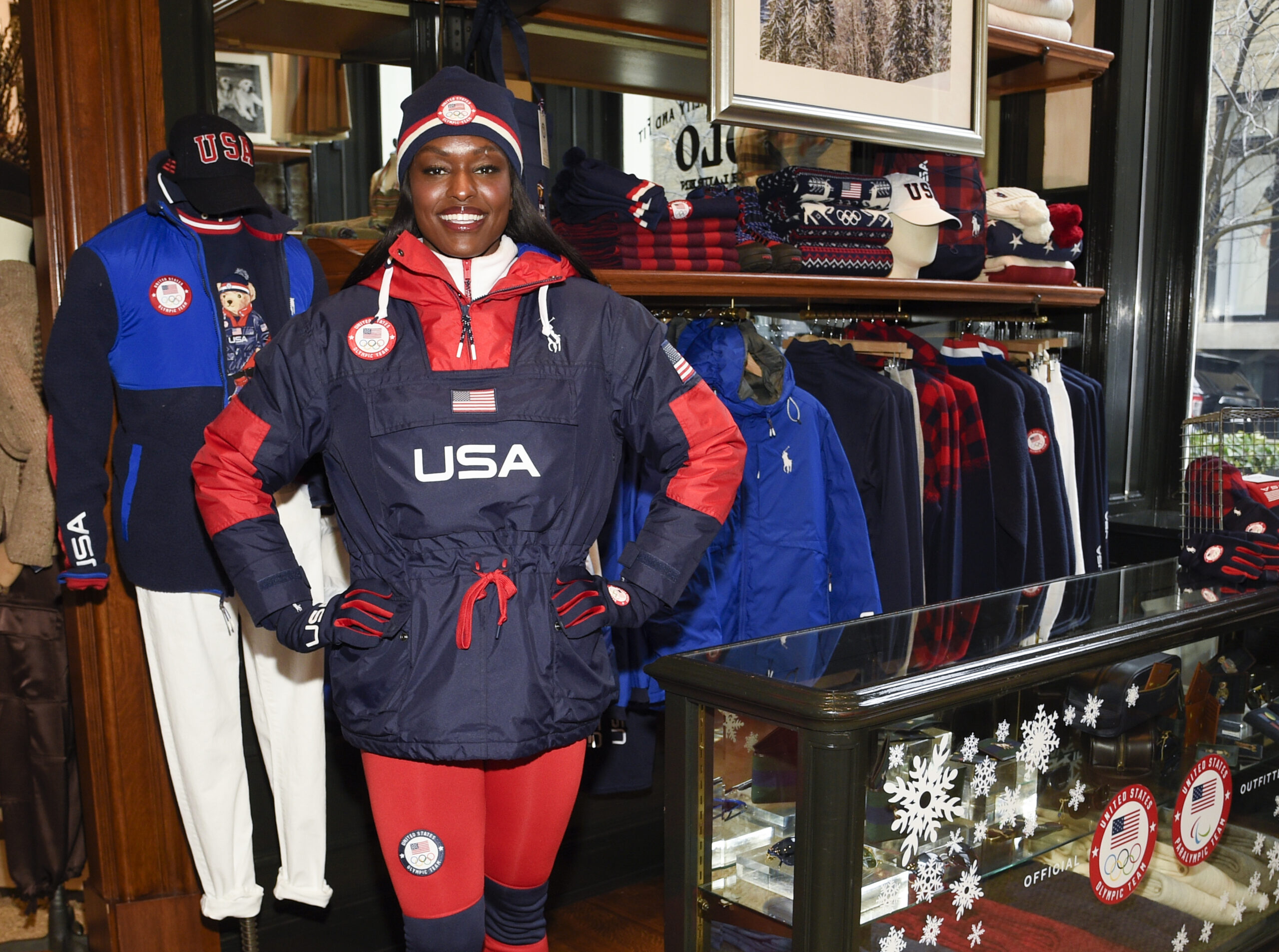 Bobsledder Aja Evans models the Team USA Beijing winter Olympics opening ceremony uniforms designed by Ralph Lauren on Wednesday, Jan. 19, 2022, in New York. (Photo by Evan Agostini/Invision/AP)
