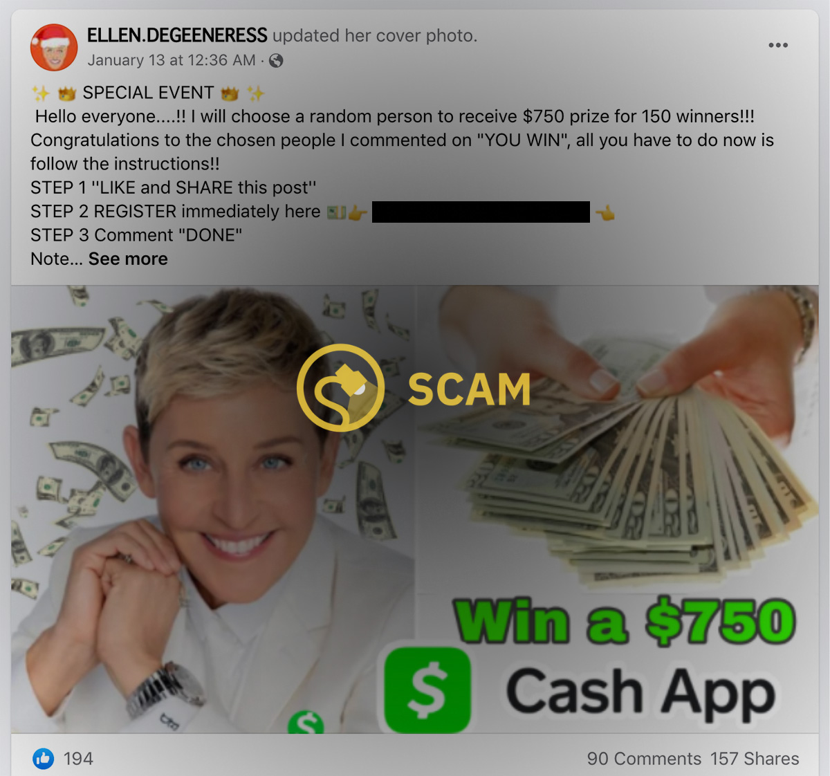 A Facebook scam showed pictures of Ellen DeGeneres and promised $750 or $1,000 Cash App prizes.