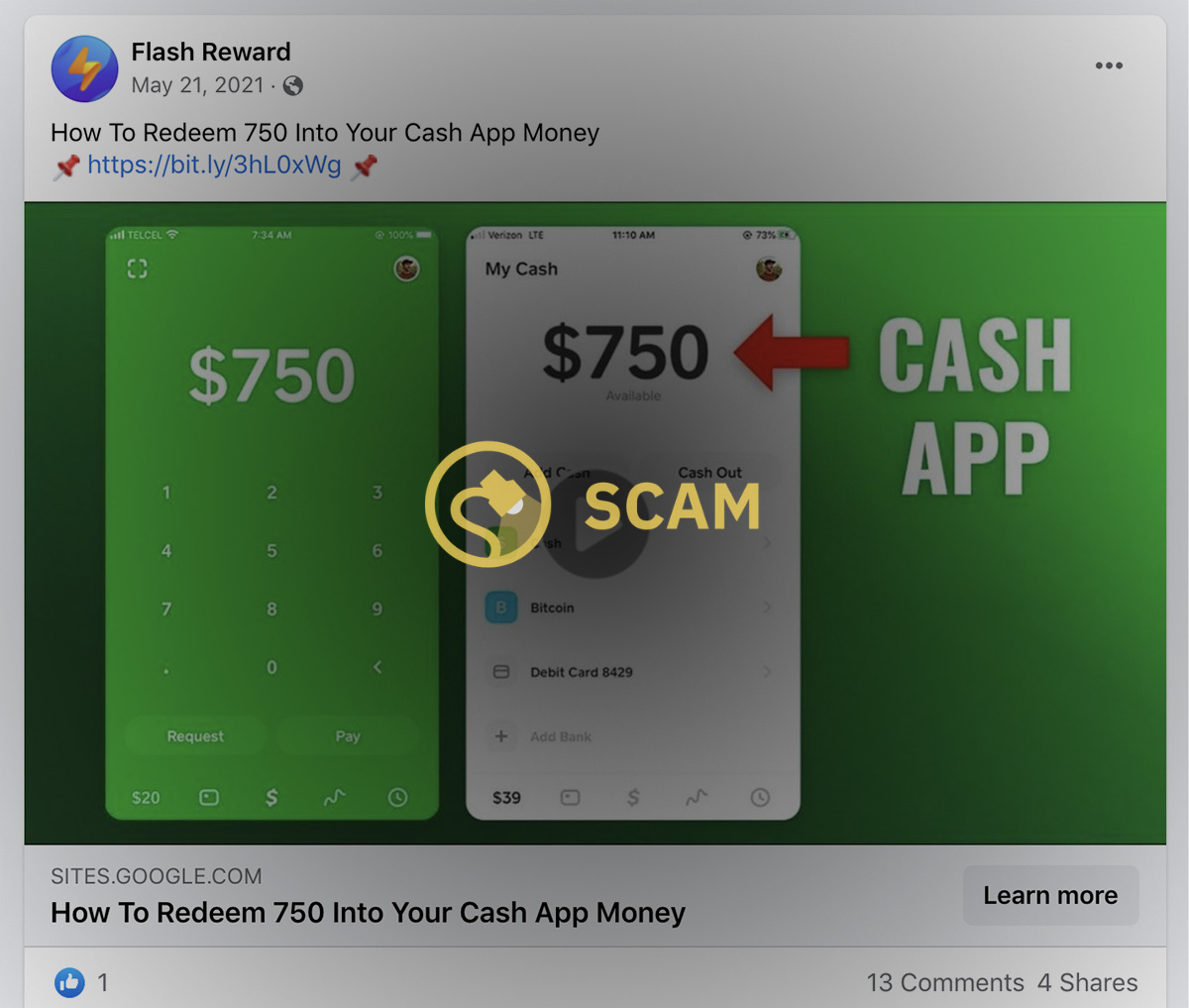 Facebook scams that promise a payment of $750 in Cash App or CashApp should be avoided.