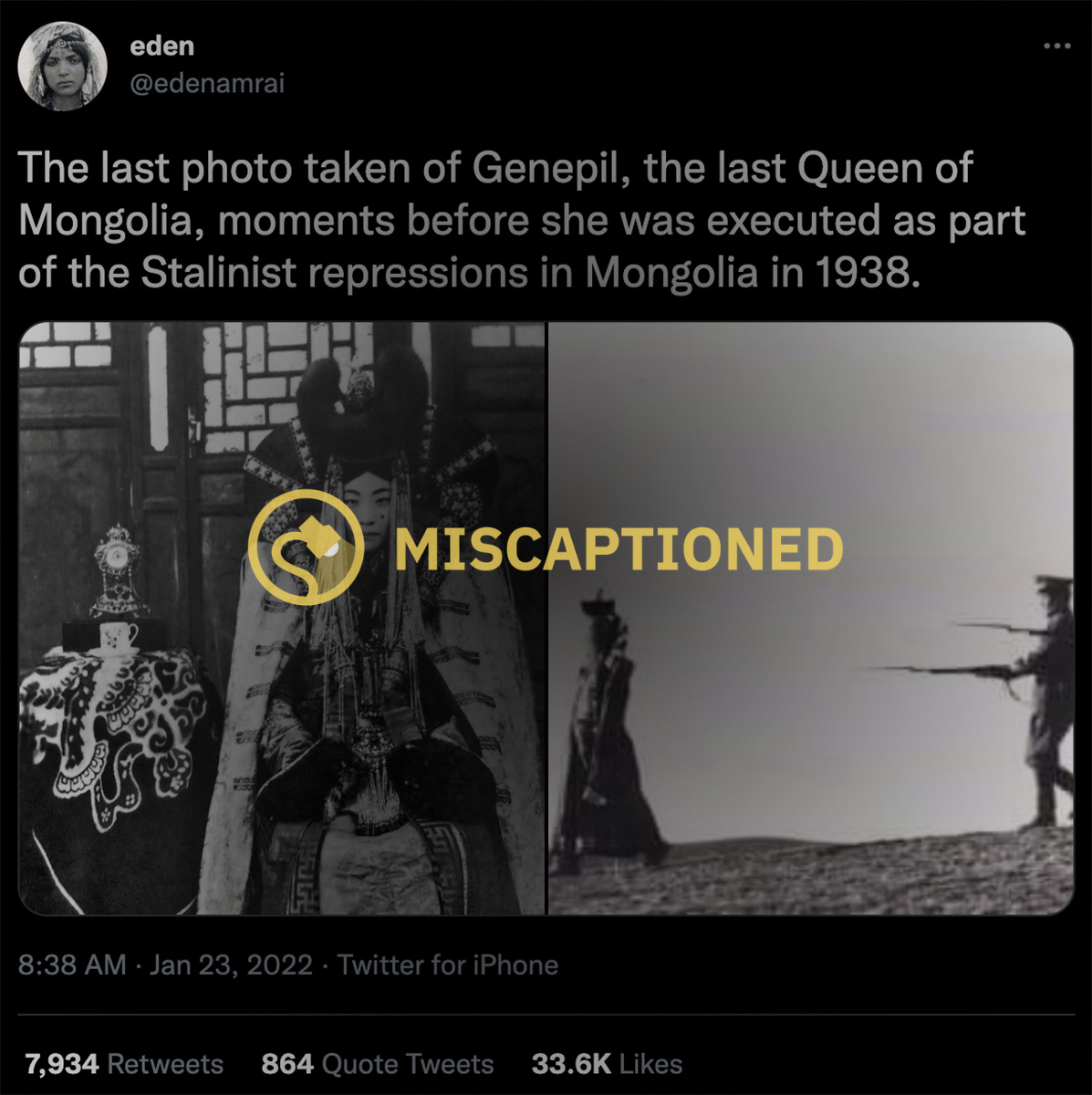 A photograph purportedly was the last photo taken of Genepil the last Queen of Mongolia moments before she was executed as part of the Stalinist repressions in Mongolia in 1938.