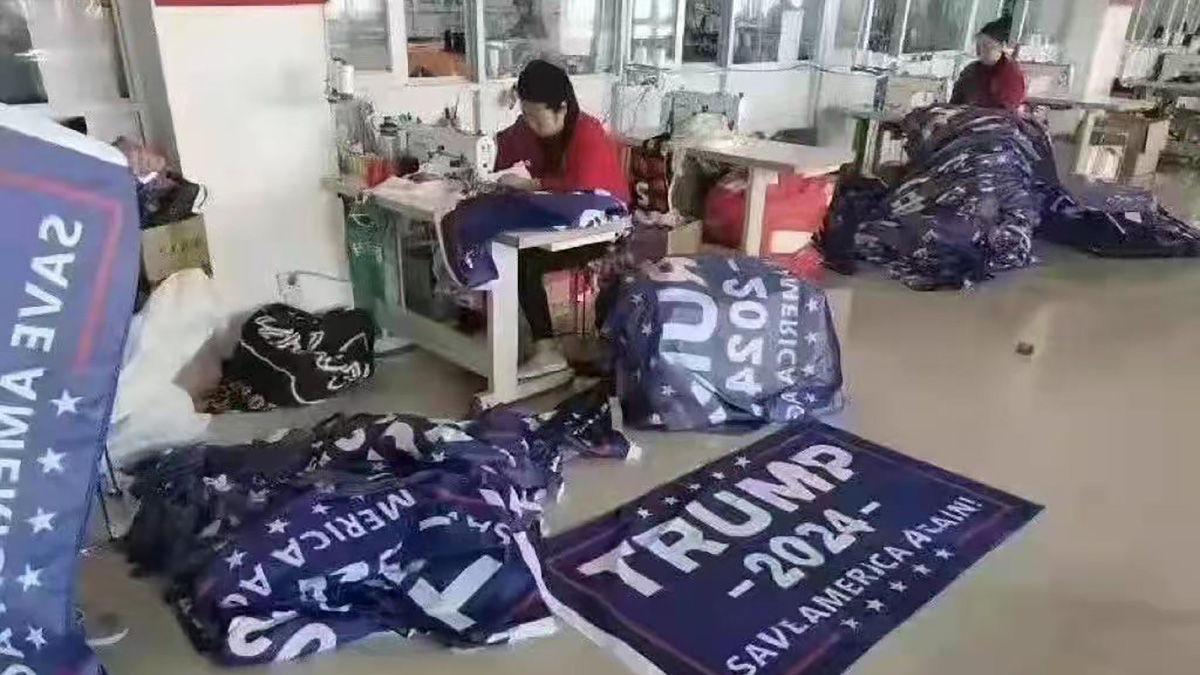 A picture purportedly showed Trump 2024 flags with a Save America Again slogan being made and sewn in China that were said to be official merchandise for former US president Donald Trump.
