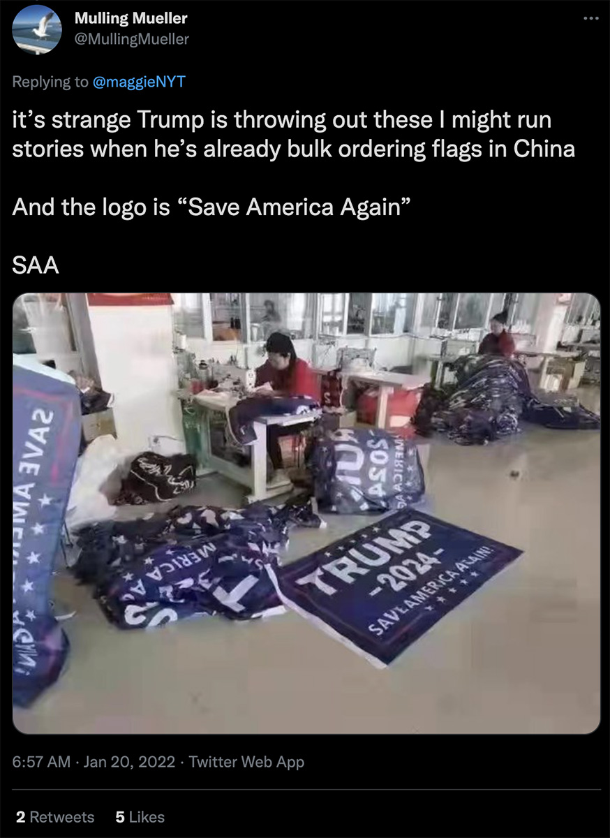 A picture purportedly showed Trump 2024 flags with a Save America Again slogan being made and sewn in China that were said to be official merchandise for former US president Donald Trump.