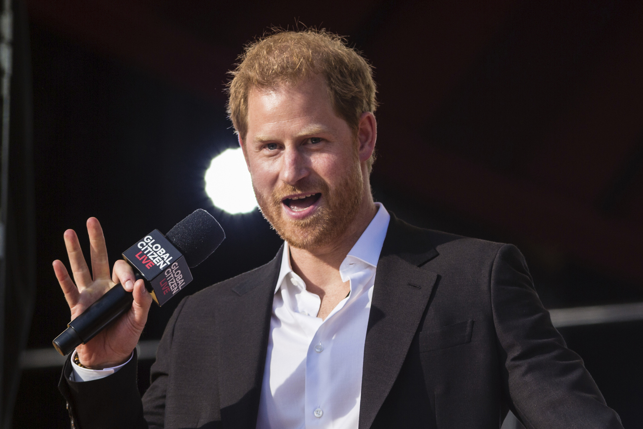 FILE - Prince Harry, Duke of Sussex, speaks during the Global Citizen festival on Sept. 25, 2021 in New York. Lawyers for Prince Harry told a court hearing on Friday that the British royal is unwilling to bring his children to his homeland because it is not safe. Harry has launched a legal challenge to the U.K. government’s refusal to let him personally pay for police protection when he comes to Britain. His legal team says Harry wants to bring his children — Archie, who is almost 3, and 8-month-old Lilibet — to visit his home country from the U.S. but that is too risky without police protection. (AP Photo/Stefan Jeremiah, File)