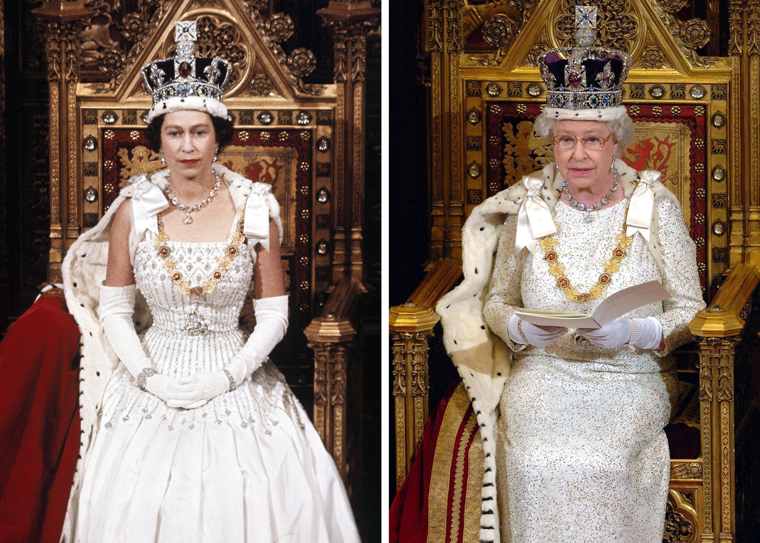 FILE - This photo combo shows Britain's Queen Elizabeth II during the State Opening of Parliament, London, in April, 1966 on the left and Nov. 15, 2006, on the right. Queen Elizabeth II will mark 70 years on the throne Sunday, Feb. 6, 2022 an unprecedented reign that has made her a symbol of stability as the United Kingdom navigated an age of uncertainty. (AP Photo, Arthur Edwards, Pool, File)