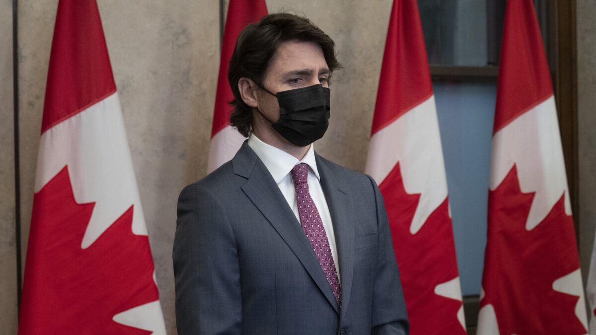 Prime Minister Justin Trudeau attends news conference on Monday, Feb. 14, 2022 in Ottawa. Trudeau says he has invoked the Emergencies Act to bring to an end antigovernment blockades he describes as illegal and not about peaceful protest. (Adrian Wyld/The Canadian Press via AP)