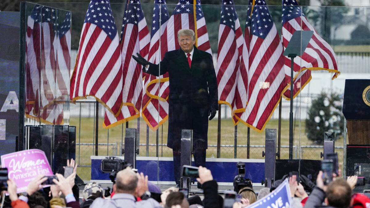 FILE - In this Jan. 6, 2021, photo, President Donald Trump arrives to speak at a rally in Washington. A federal judge on Feb. 18, 2022, rejected efforts by the former president to toss out lawsuits filed by lawmakers and two Capitol police officers, saying in his ruling that the former president's words "plausibly" may have led to the Jan. 6, 2021 insurrection. (AP Photo/Jacquelyn Martin, File)