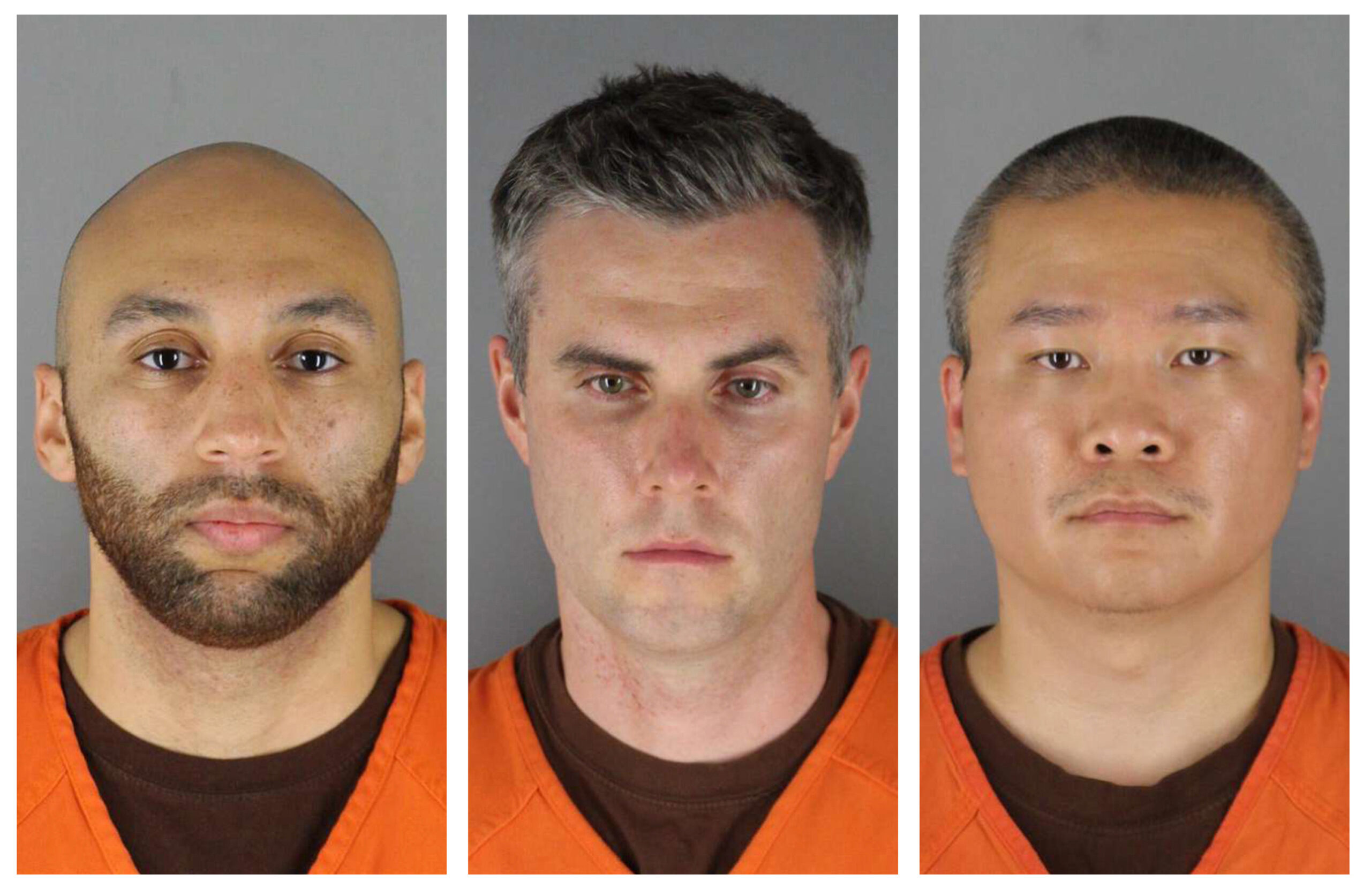 FILE - This combination of photos provided by the Hennepin County Sheriff's Office in Minnesota on June 3, 2020, shows, from left, former Minneapolis police officers J. Alexander Kueng, Thomas Lane and Tou Thao. The former policer officers are on trial in federal court accused of violating Floyd's civil rights as fellow Officer Derek Chauvin killed him. Judge Paul Magnuson abruptly recessed on Wednesday, Feb. 2, 2022 after one of the defendants tested positive for COVID-19. (Hennepin County Sheriff's Office via AP, File)