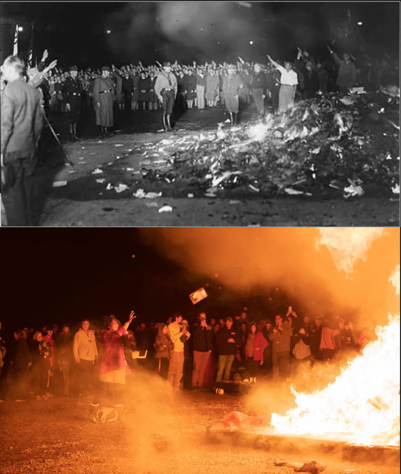 A Reddit post was titled book burning in 1933 and again in 2022.