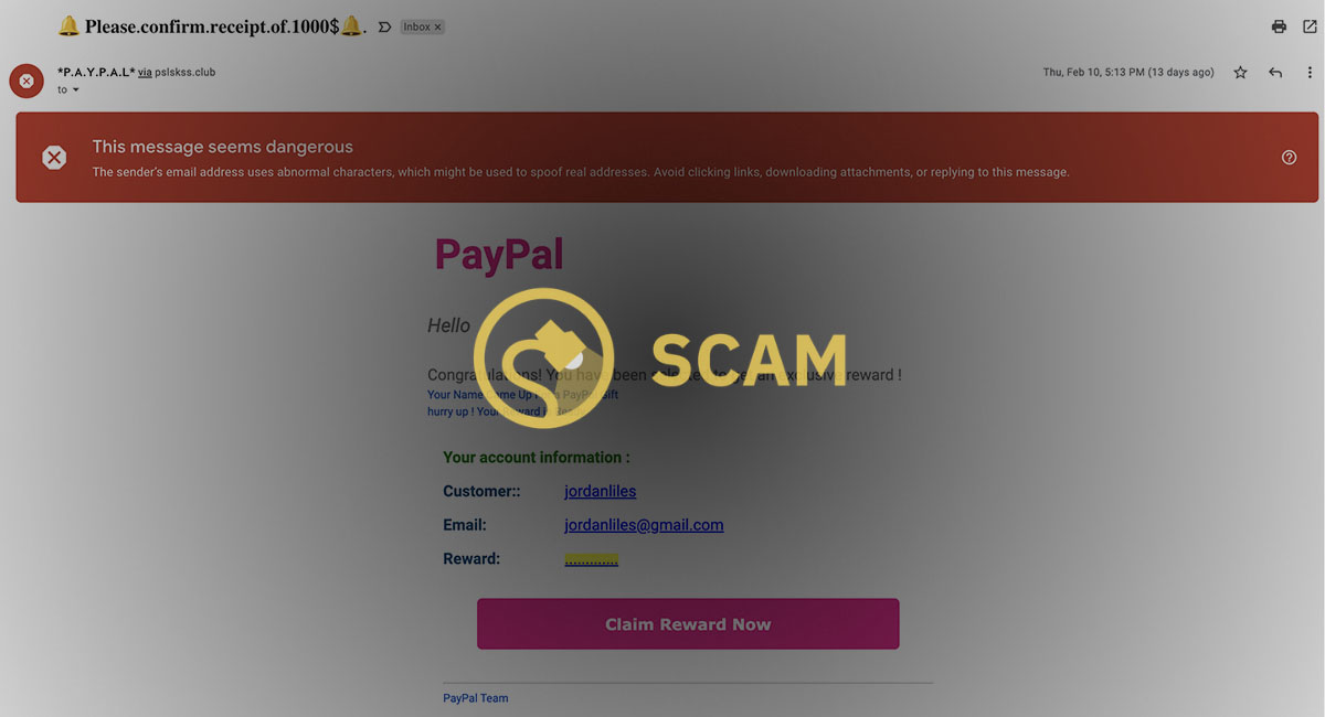 An email scam says you have been selected to receive a $1,000 Paypal gift card exclusive reward.