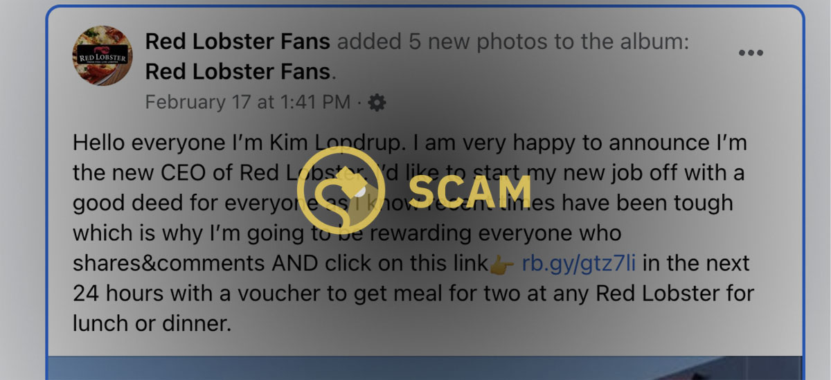 A Red Lobster Facebook scam promised a free voucher or gift card or gift certificate for lunch or dinner for two people.