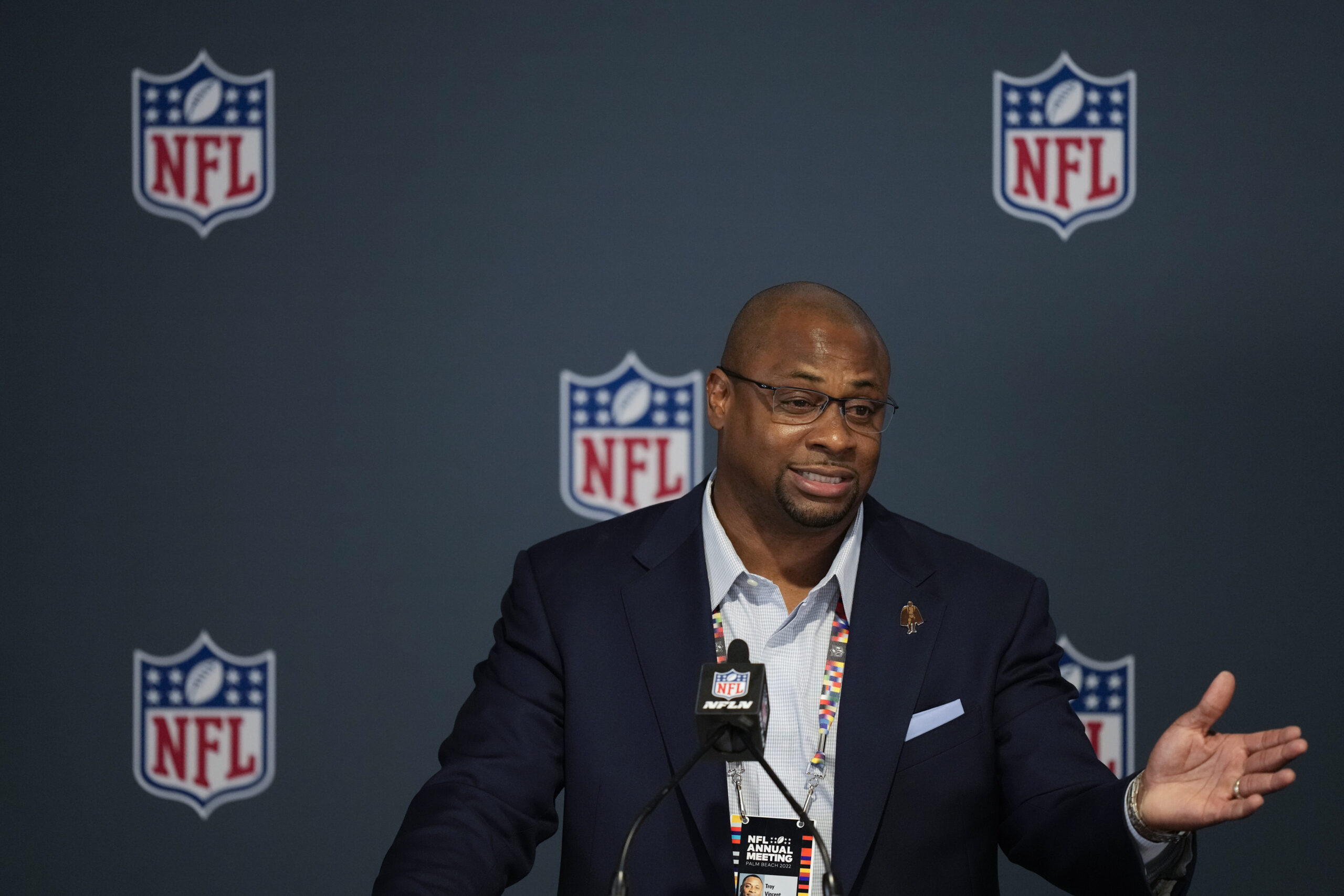 Troy Vincent, the NFL's executive vice president of football operations, speaks to journalists as the NFL announces changes to the overtime rules, during the NFL owner's meeting, Tuesday, March 29, 2022, at The Breakers resort in Palm Beach, Fla. (AP Photo/Rebecca Blackwell)