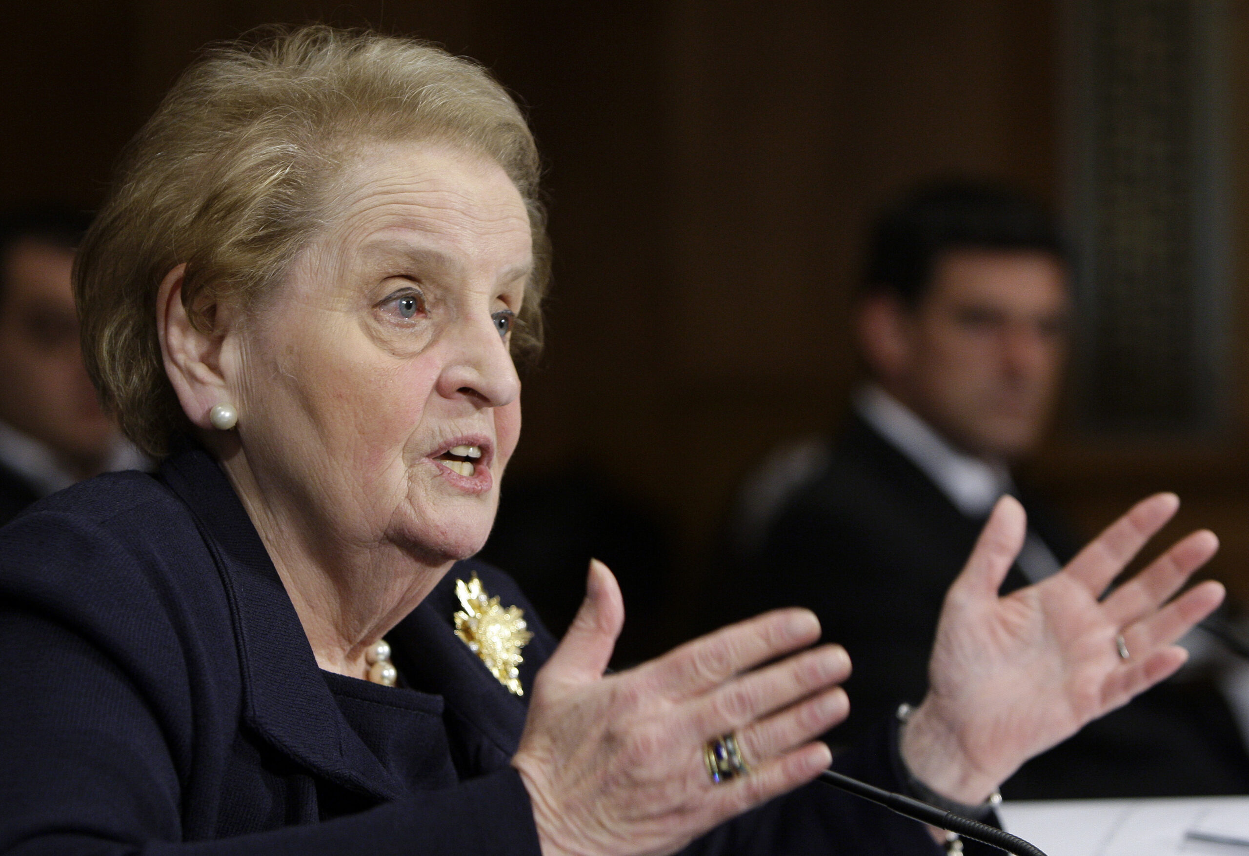 FILE - Former Secretary of State Madeleine Albright testifies on Capitol Hill in Washington, on Oct. 22, 2009 before the Senate Foreign Relations Committee hearing on NATO. Albright has died of cancer, her family said Wednesday, March 23, 2022. (AP Photo/Haraz N. Ghanbari, File)
