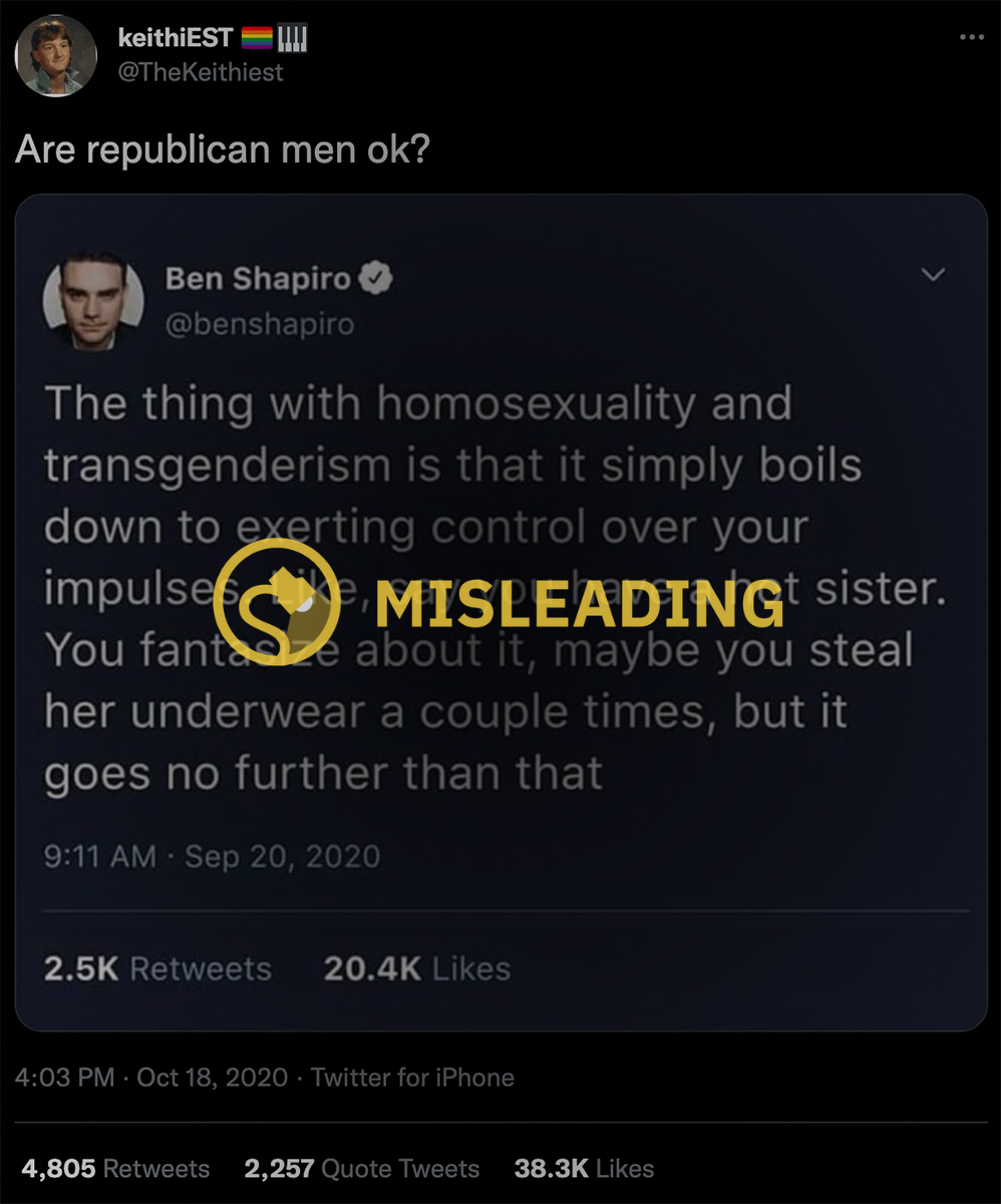 El comentarista conservador Ben Shapiro nunca ha tuiteado mira lo hermosa que se ve mi hermana, ni ha tuiteado que fantasea con una hermana sexy.